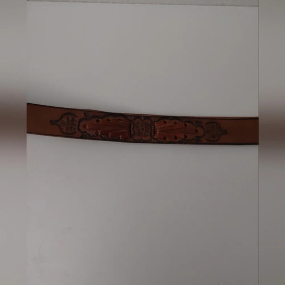 TexTan Vintage Tooled Leather 36 inch mems belt & buckle Cognac brown - Picture 6 of 10